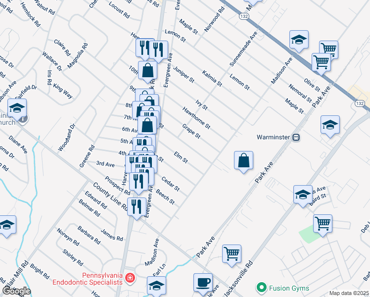 map of restaurants, bars, coffee shops, grocery stores, and more near 376 Fir Street in Warminster
