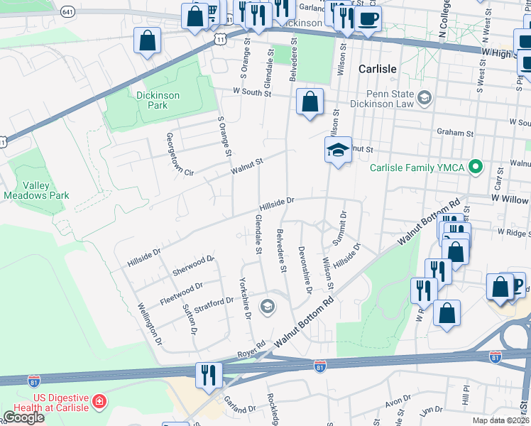 map of restaurants, bars, coffee shops, grocery stores, and more near 504 Belvedere Street in Carlisle