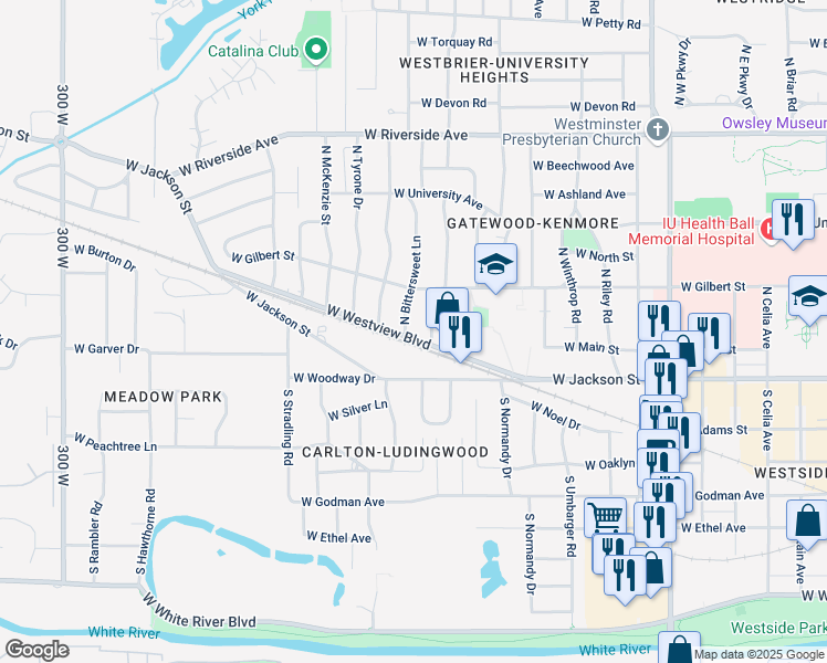 map of restaurants, bars, coffee shops, grocery stores, and more near 100 North Bittersweet Lane in Muncie