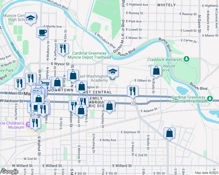 map of restaurants, bars, coffee shops, grocery stores, and more near 1000 East Washington Street in Muncie