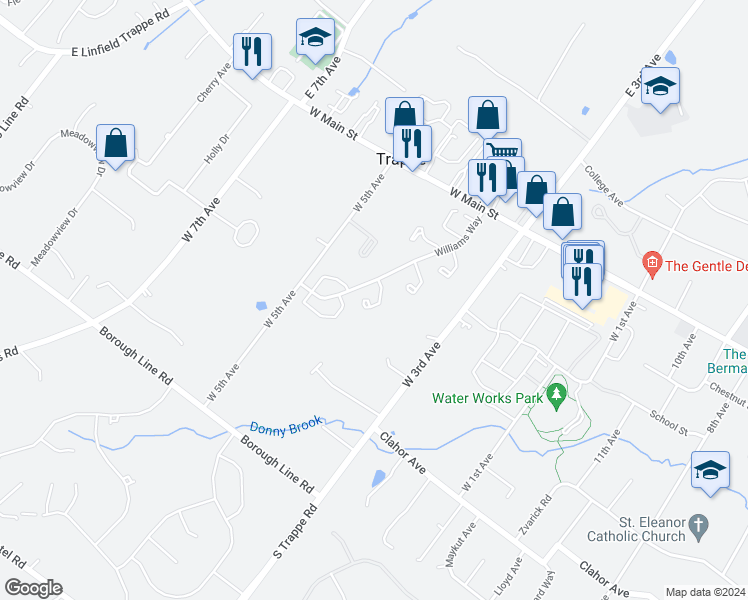 map of restaurants, bars, coffee shops, grocery stores, and more near 312 Jefferson Court in Collegeville