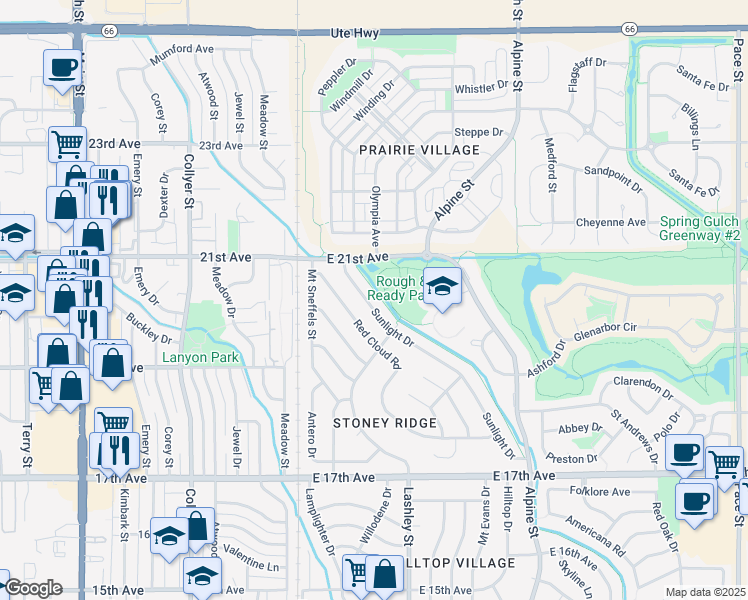 map of restaurants, bars, coffee shops, grocery stores, and more near 1933 Sunlight Drive in Longmont