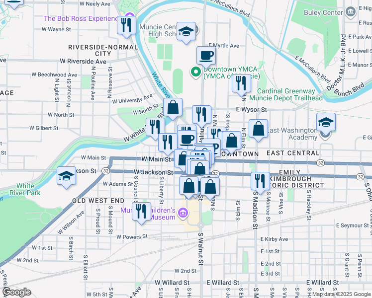 map of restaurants, bars, coffee shops, grocery stores, and more near in Muncie