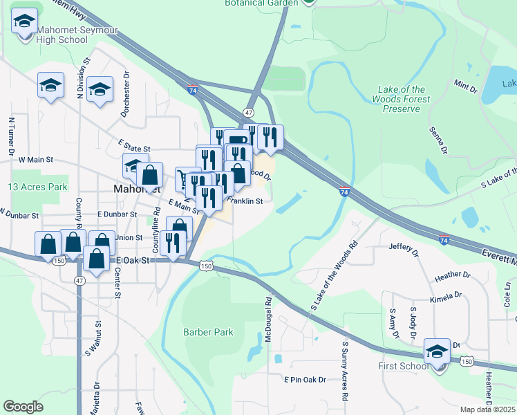 map of restaurants, bars, coffee shops, grocery stores, and more near 821 East Franklin Street in Mahomet
