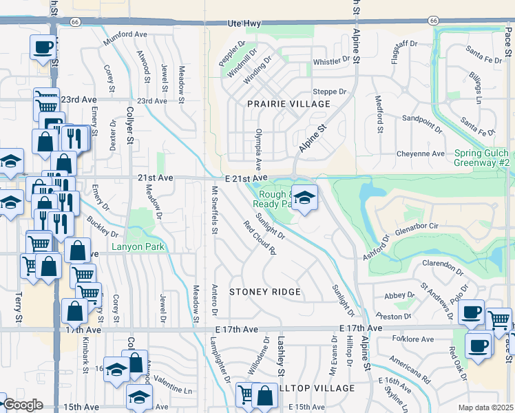 map of restaurants, bars, coffee shops, grocery stores, and more near 1933 Sunlight Drive in Longmont