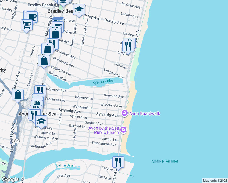 map of restaurants, bars, coffee shops, grocery stores, and more near 45 Norwood Avenue in Avon-by-the-Sea