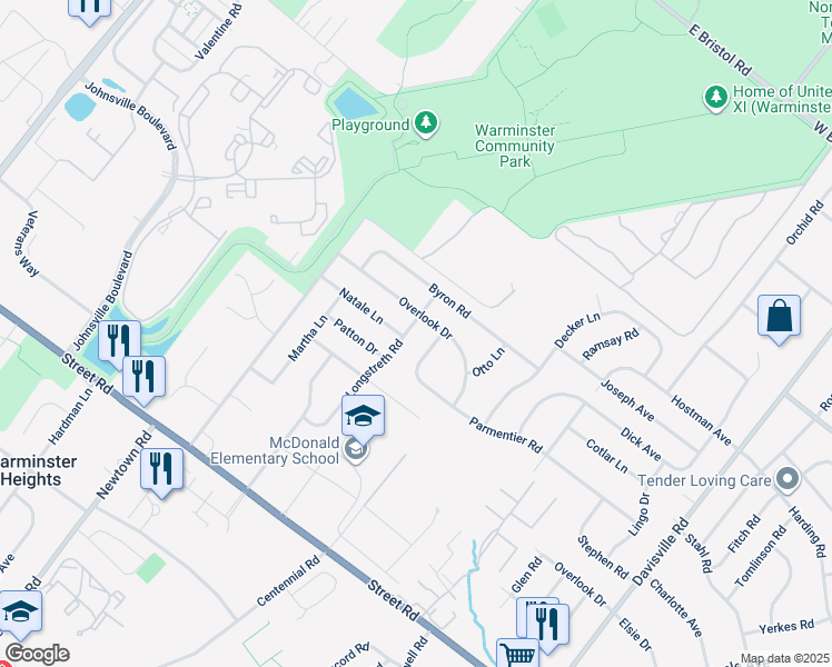 map of restaurants, bars, coffee shops, grocery stores, and more near 877 Longstreth Road in Warminster