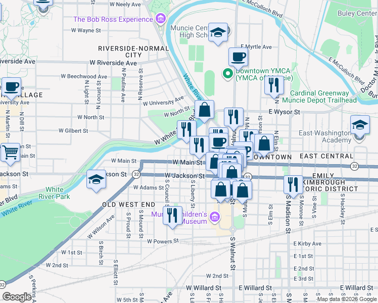 map of restaurants, bars, coffee shops, grocery stores, and more near 406 West Main Street in Muncie