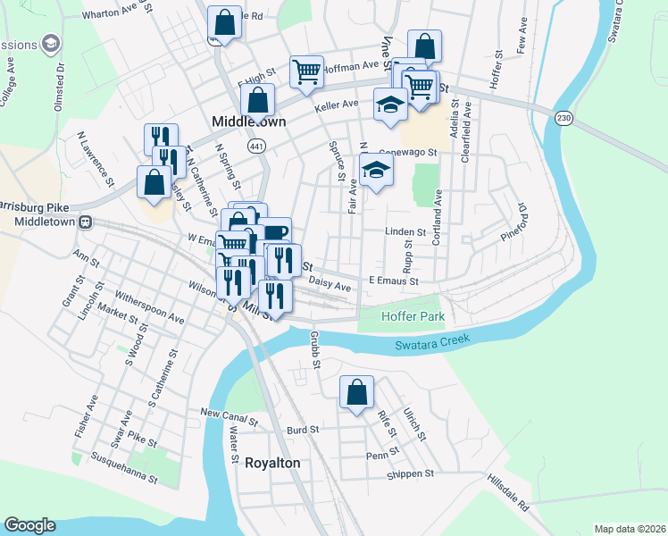 map of restaurants, bars, coffee shops, grocery stores, and more near 215 East Emaus Street in Middletown