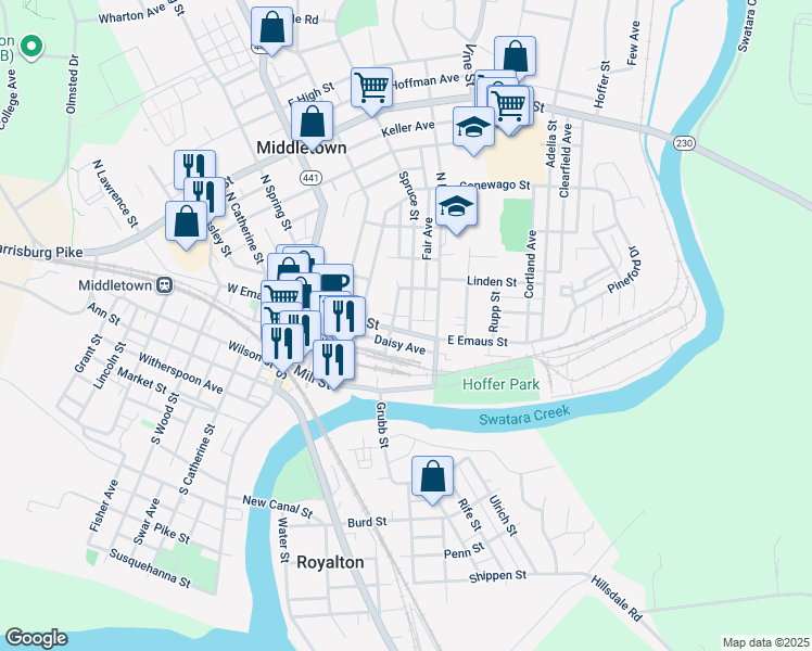 map of restaurants, bars, coffee shops, grocery stores, and more near 215 East Emaus Street in Middletown