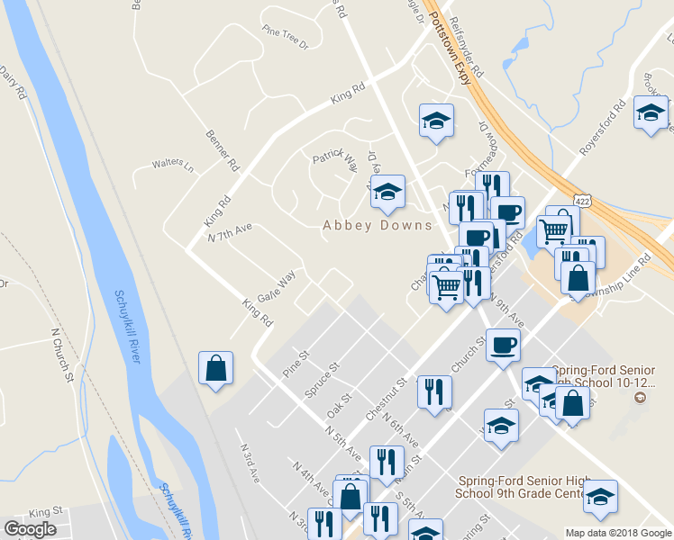 map of restaurants, bars, coffee shops, grocery stores, and more near 109 Horseshoe Drive in Royersford