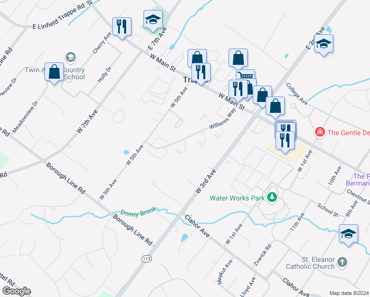 map of restaurants, bars, coffee shops, grocery stores, and more near 343 Jefferson Court in Trappe