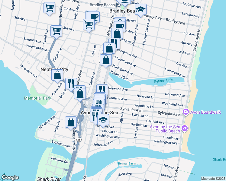 map of restaurants, bars, coffee shops, grocery stores, and more near 418 Norwood Lane in Avon-by-the-Sea