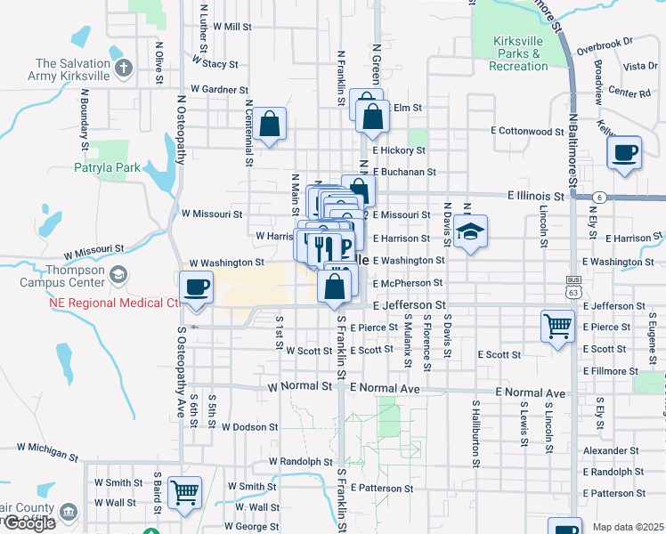 map of restaurants, bars, coffee shops, grocery stores, and more near 115 South Franklin Street in Kirksville