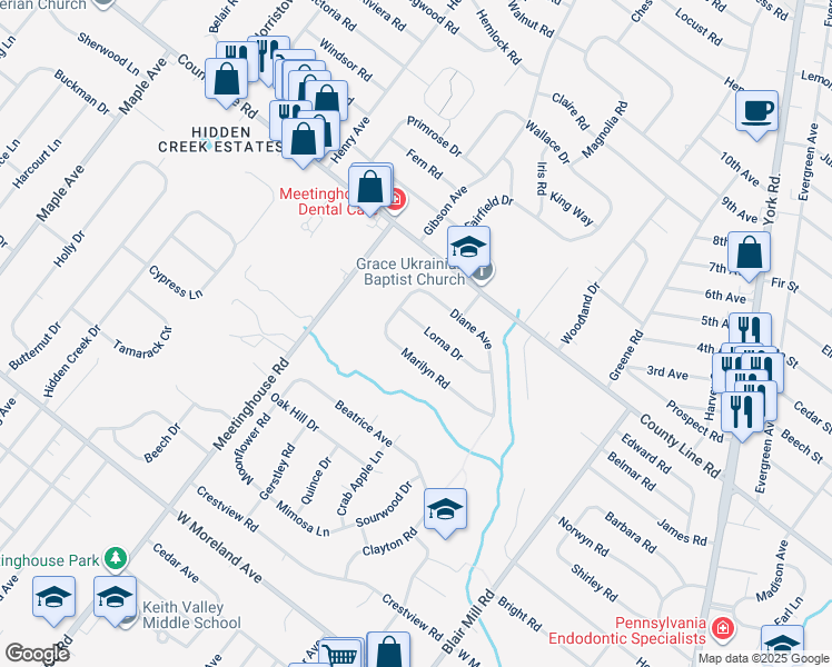 map of restaurants, bars, coffee shops, grocery stores, and more near 219 Lorna Drive in Hatboro