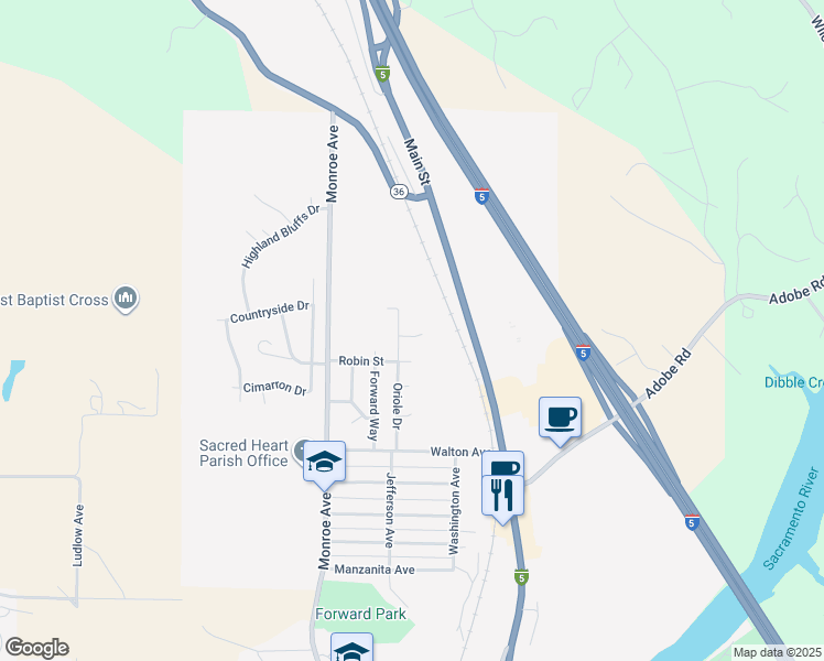 map of restaurants, bars, coffee shops, grocery stores, and more near 225 Sparrow Court in Red Bluff