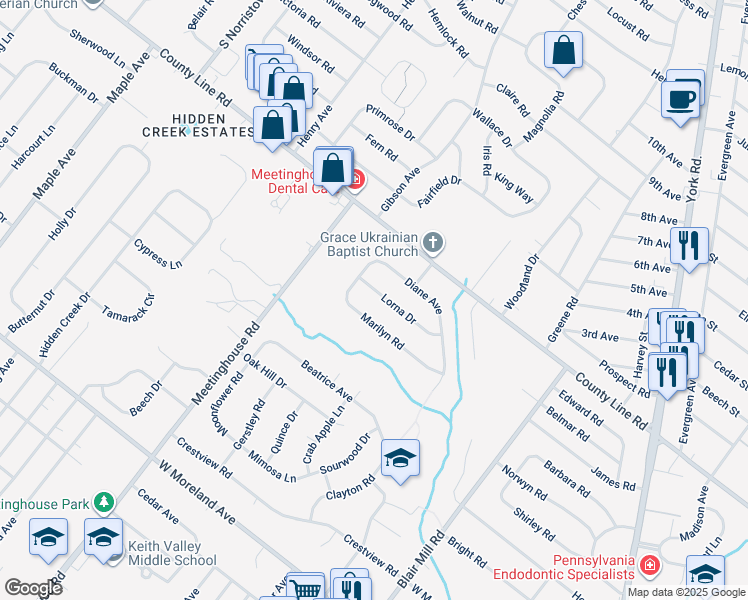 map of restaurants, bars, coffee shops, grocery stores, and more near 219 Lorna Drive in Hatboro