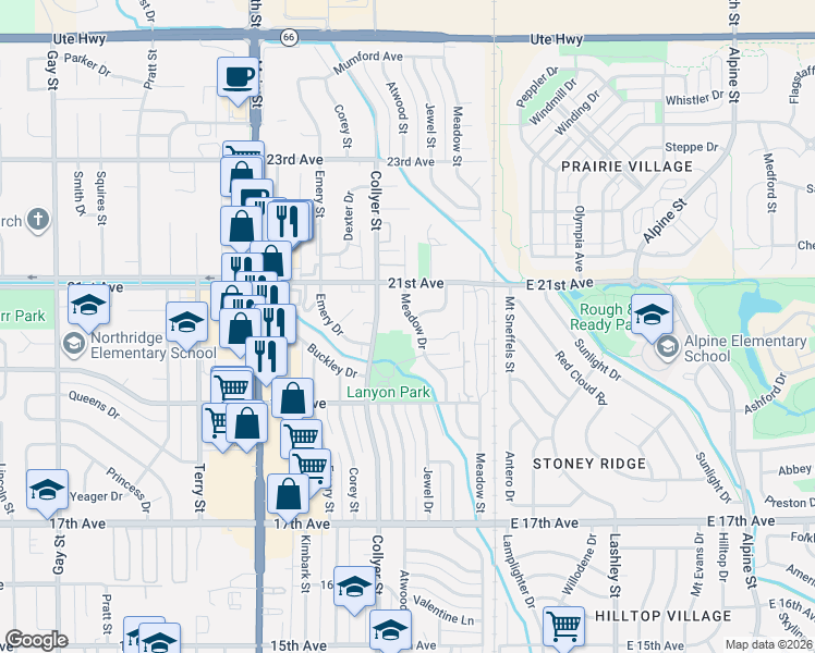 map of restaurants, bars, coffee shops, grocery stores, and more near 1963 Meadow Drive in Longmont