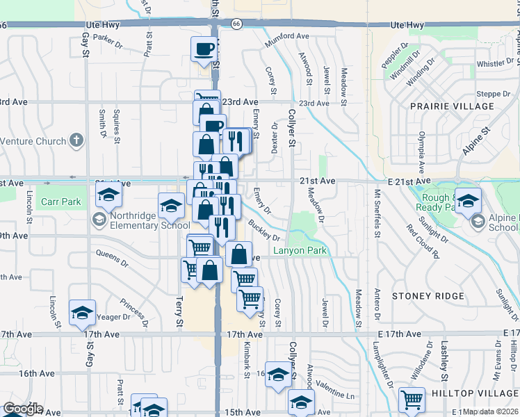 map of restaurants, bars, coffee shops, grocery stores, and more near 325 Emery Drive in Longmont