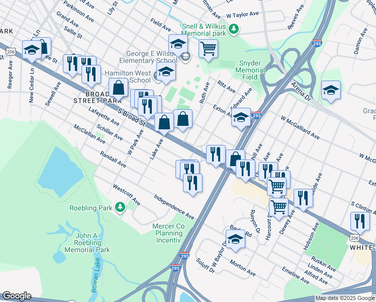 map of restaurants, bars, coffee shops, grocery stores, and more near 21 Oldfield Avenue in Trenton