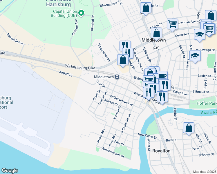 map of restaurants, bars, coffee shops, grocery stores, and more near 421 Witherspoon Avenue in Middletown
