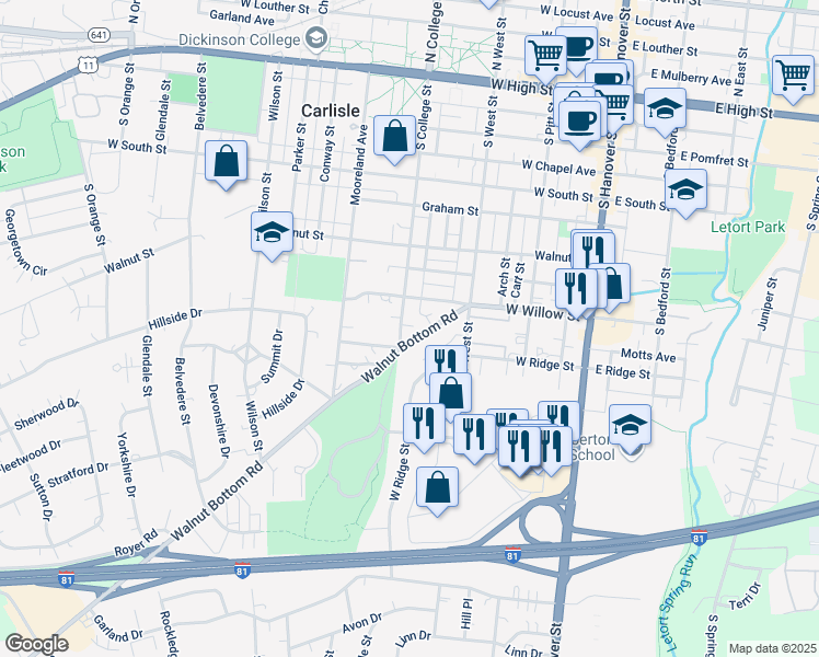 map of restaurants, bars, coffee shops, grocery stores, and more near 521 South College Street in Carlisle