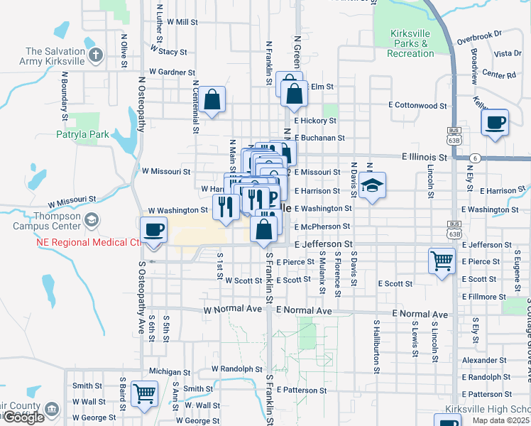 map of restaurants, bars, coffee shops, grocery stores, and more near 115 South Franklin Street in Kirksville