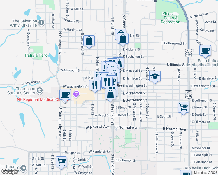 map of restaurants, bars, coffee shops, grocery stores, and more near 115 South Franklin Street in Kirksville