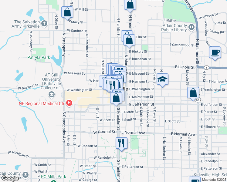 map of restaurants, bars, coffee shops, grocery stores, and more near 114 South Elson Street in Kirksville