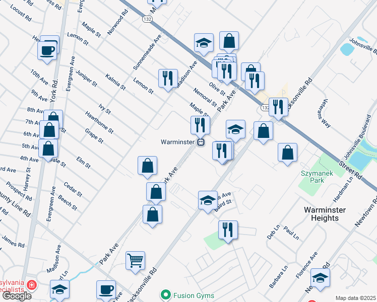 map of restaurants, bars, coffee shops, grocery stores, and more near 400 Park Avenue in Warminster