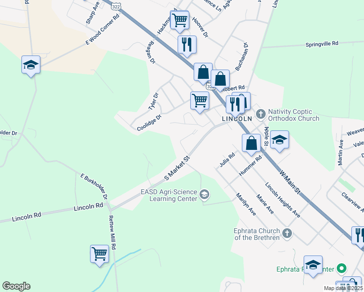 map of restaurants, bars, coffee shops, grocery stores, and more near 40 Oriole Drive in Ephrata Township