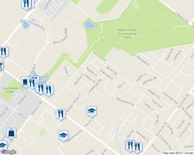 map of restaurants, bars, coffee shops, grocery stores, and more near 444 Natale Lane in Warminster