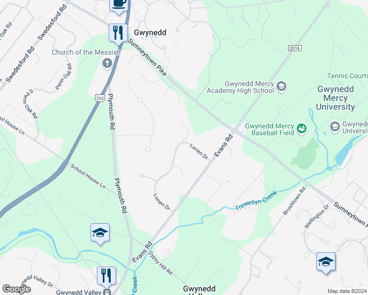 map of restaurants, bars, coffee shops, grocery stores, and more near 1010 Lorien Dr in Ambler