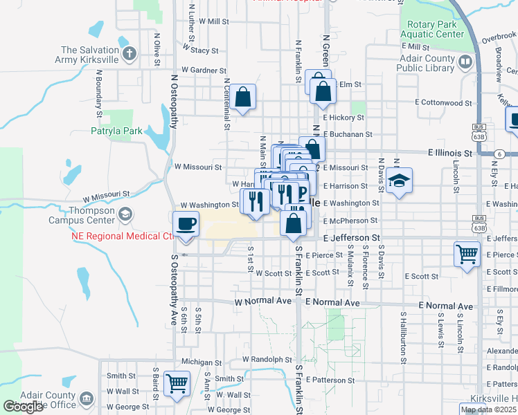 map of restaurants, bars, coffee shops, grocery stores, and more near 312 West McPherson Street in Kirksville