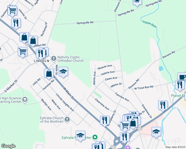 map of restaurants, bars, coffee shops, grocery stores, and more near 1212 Martin Avenue in Ephrata