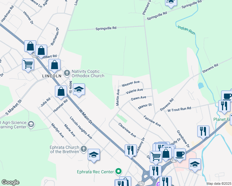 map of restaurants, bars, coffee shops, grocery stores, and more near 1212 Martin Avenue in Ephrata