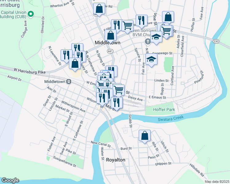 map of restaurants, bars, coffee shops, grocery stores, and more near 113 Brown Street in Middletown