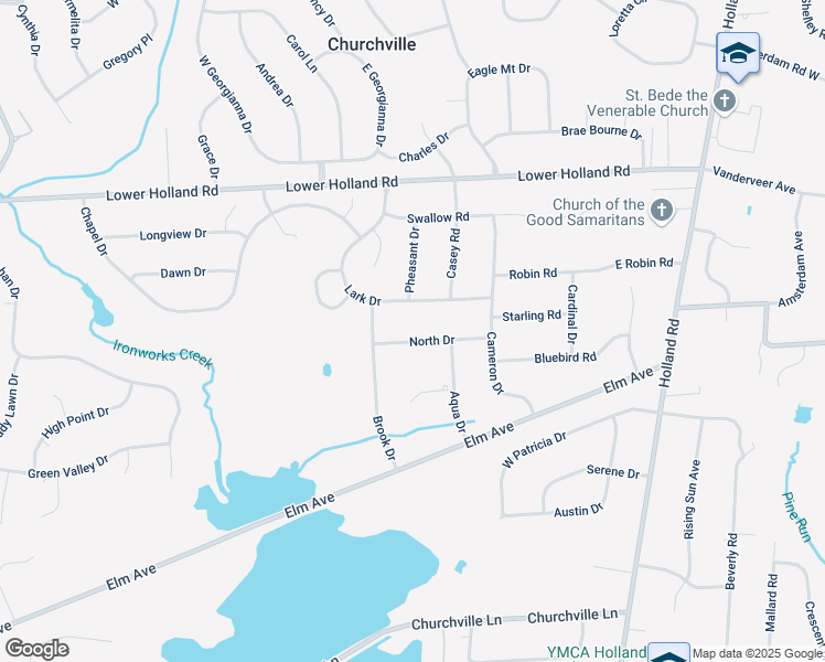 map of restaurants, bars, coffee shops, grocery stores, and more near 72 North Drive in Churchville
