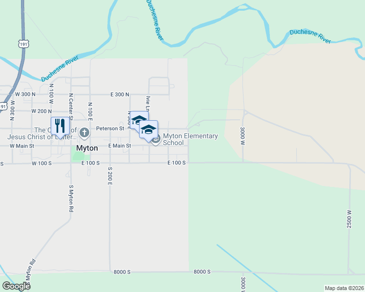 map of restaurants, bars, coffee shops, grocery stores, and more near 555 East 100 South in Myton