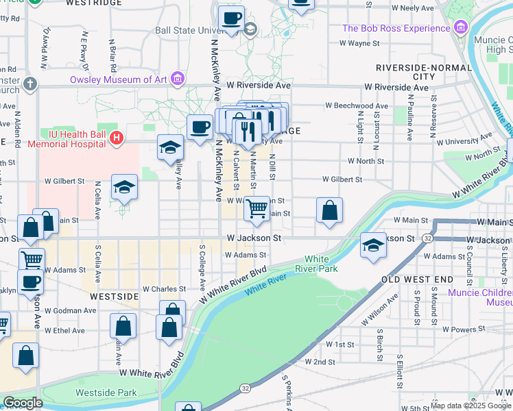 map of restaurants, bars, coffee shops, grocery stores, and more near 100 South Martin Street in Muncie