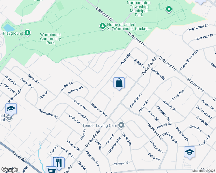 map of restaurants, bars, coffee shops, grocery stores, and more near 1055 Orchid Road in Warminster
