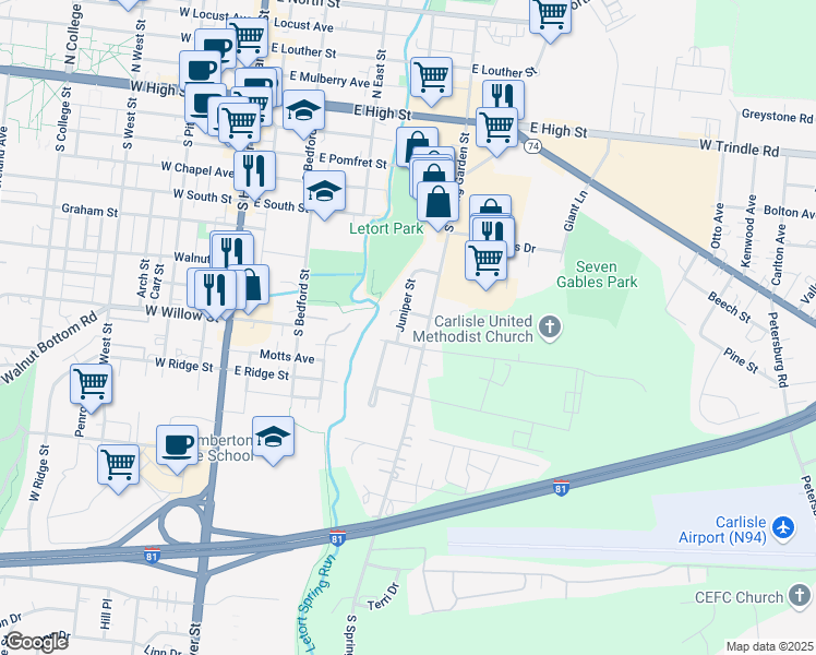 map of restaurants, bars, coffee shops, grocery stores, and more near 410 South Spring Garden Street in Carlisle