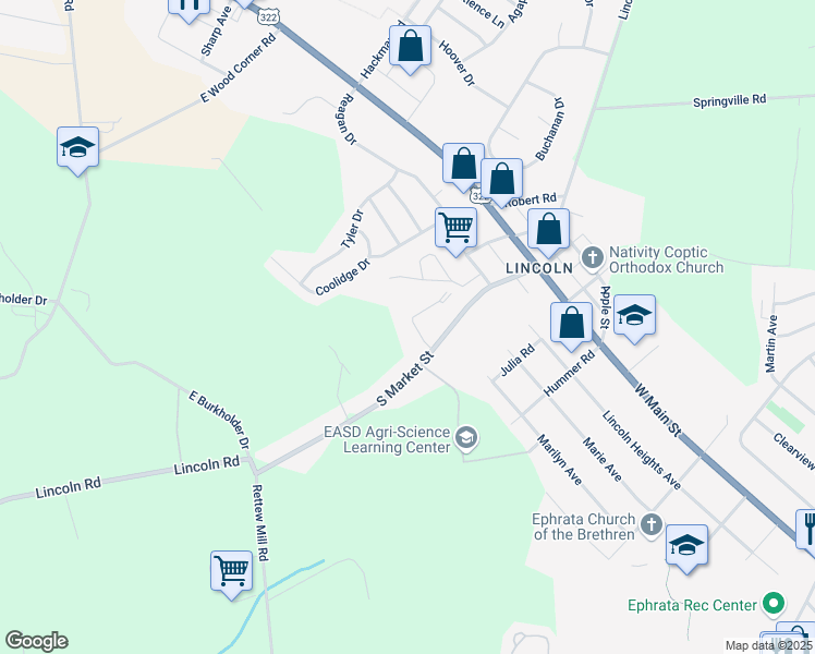 map of restaurants, bars, coffee shops, grocery stores, and more near 14 Oriole Drive in Ephrata
