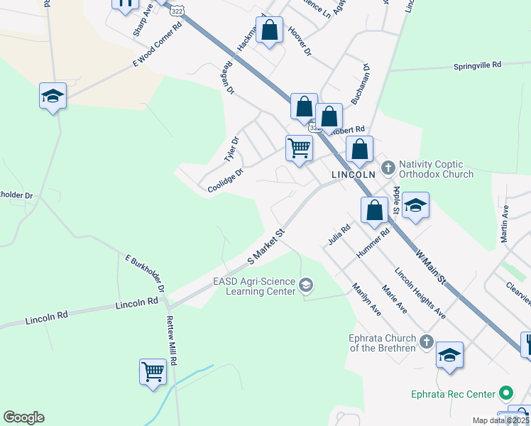 map of restaurants, bars, coffee shops, grocery stores, and more near 14 Oriole Drive in Ephrata