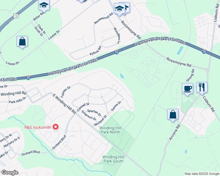 map of restaurants, bars, coffee shops, grocery stores, and more near 1673 Haralson Drive in Mechanicsburg