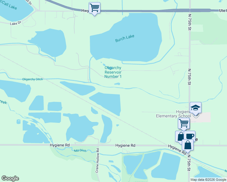 map of restaurants, bars, coffee shops, grocery stores, and more near Rozena Drive in Longmont