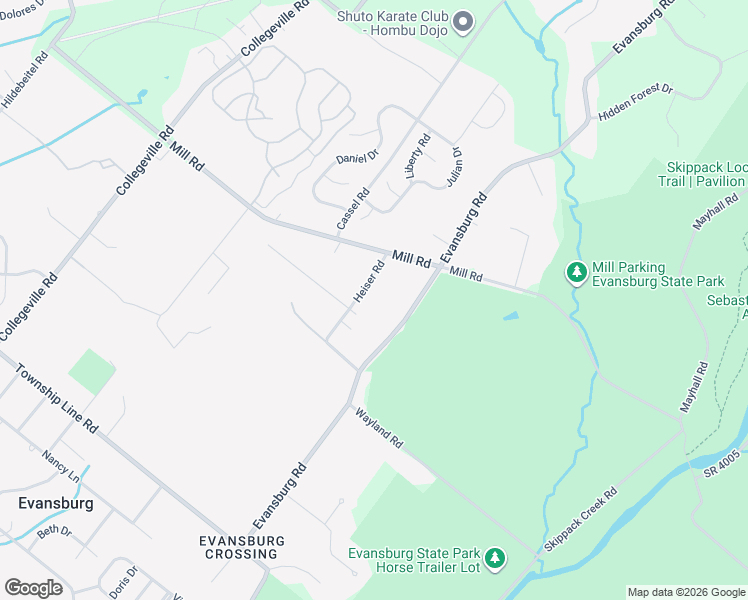 map of restaurants, bars, coffee shops, grocery stores, and more near 541 Evansburg Road in Collegeville