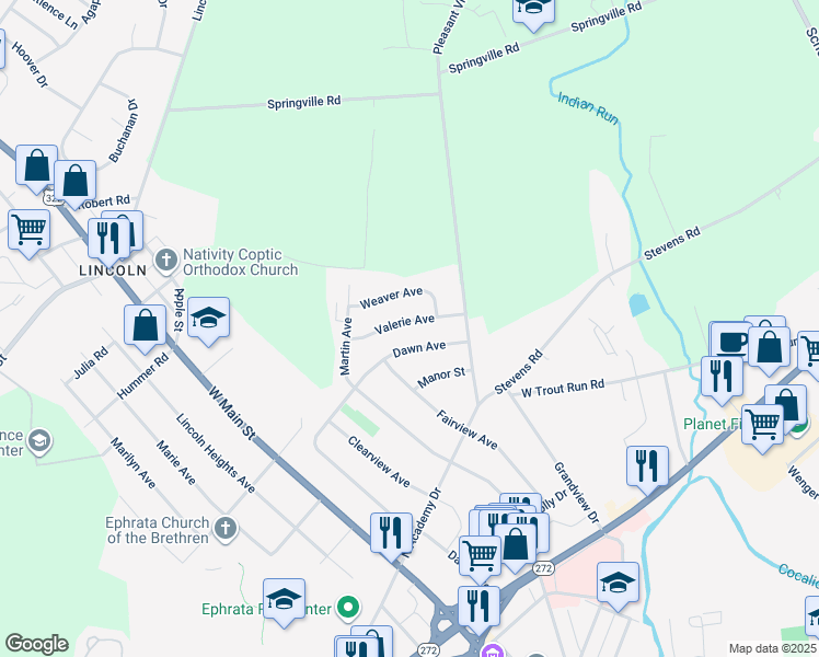 map of restaurants, bars, coffee shops, grocery stores, and more near 67 Valerie Avenue in Ephrata