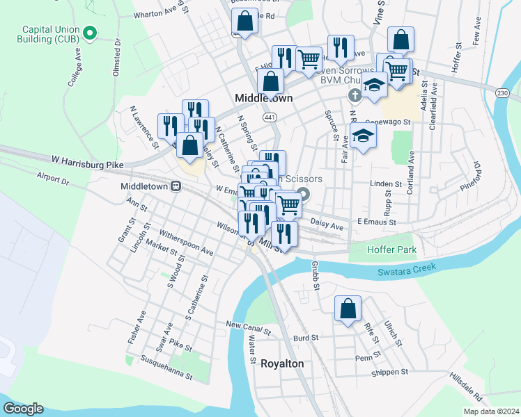 map of restaurants, bars, coffee shops, grocery stores, and more near 12 Brown Street in Middletown