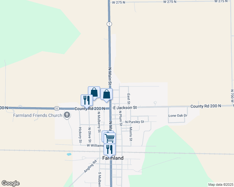 map of restaurants, bars, coffee shops, grocery stores, and more near 604 North Pursley Street in Farmland